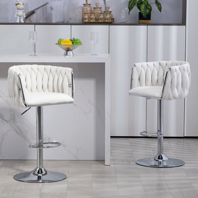 Ensemble de 2 tabourets de bar pivotants à 360 ° en tissu, chaises de bar réglables à hauteur de comptoir avec dossier tissé et repose-pieds, tabourets de bar chromés argentés pour îlot de cuisine, café, pub