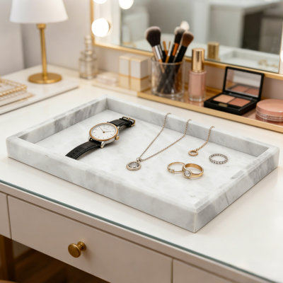 Plateau de meuble-lavabo en marbre blanc - Organisateur de salle de bain luxueux résistant à l'eau