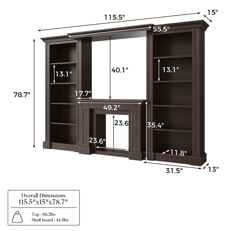 Manteau de cheminée électrique l 115,5 po avec rangement (sans insert), Bois brun