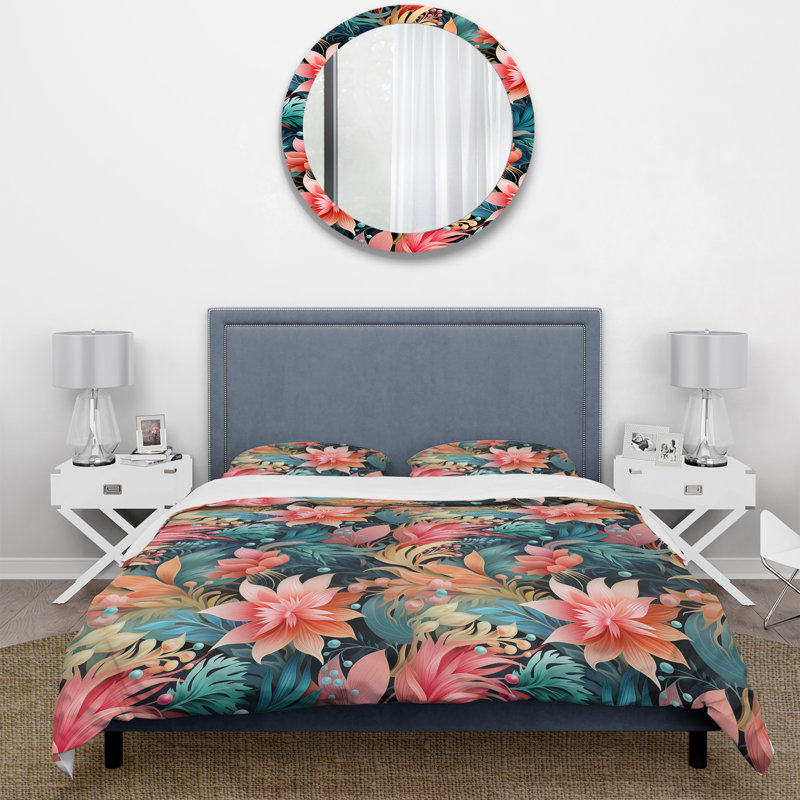 Literie Coral Illusion, Housse de couette pour grand lit et 2 taies décor