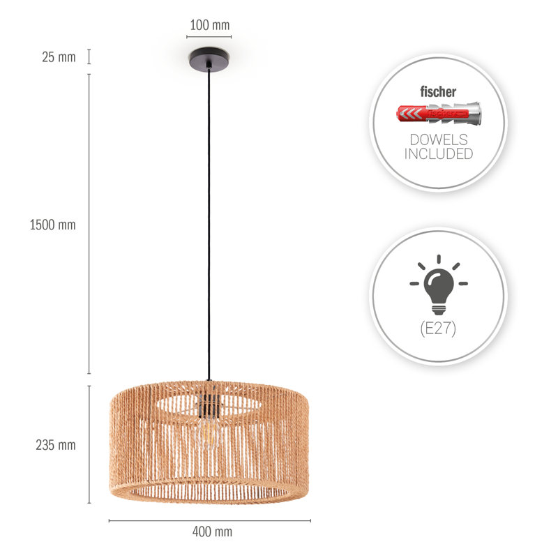 Prana 1-Light Drum Pendant, Natural, Black
