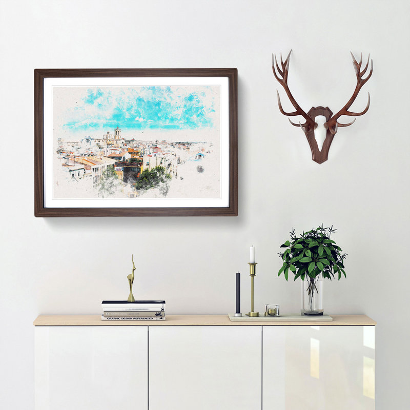 View Of Tarragona In Spain Watercolour - Framed Print, 62cm H x 87cm W x 2cm D, Walnut