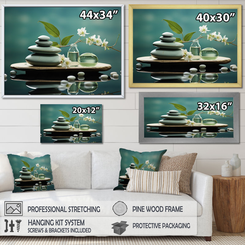 Grey Green Meditation Abstract Serenity III - Modern Canvas Art Print, H 30 po x l 40 po, Cadre photo noir
