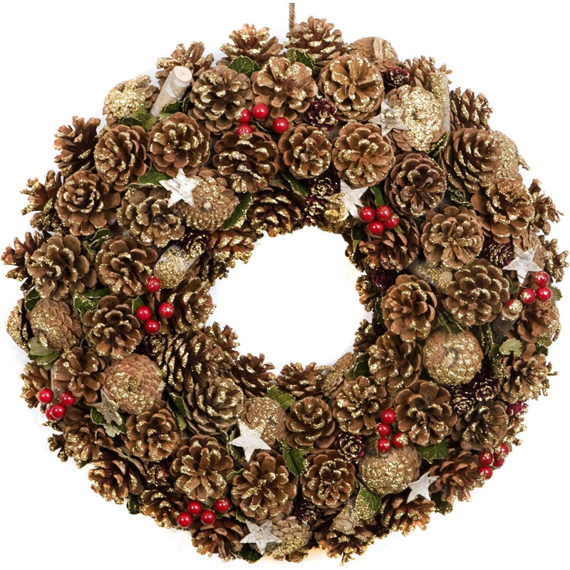 Christmas Hanging Wreath Large - Festive Pine Cone Display with Gold Frosting, 48cm x 48cm