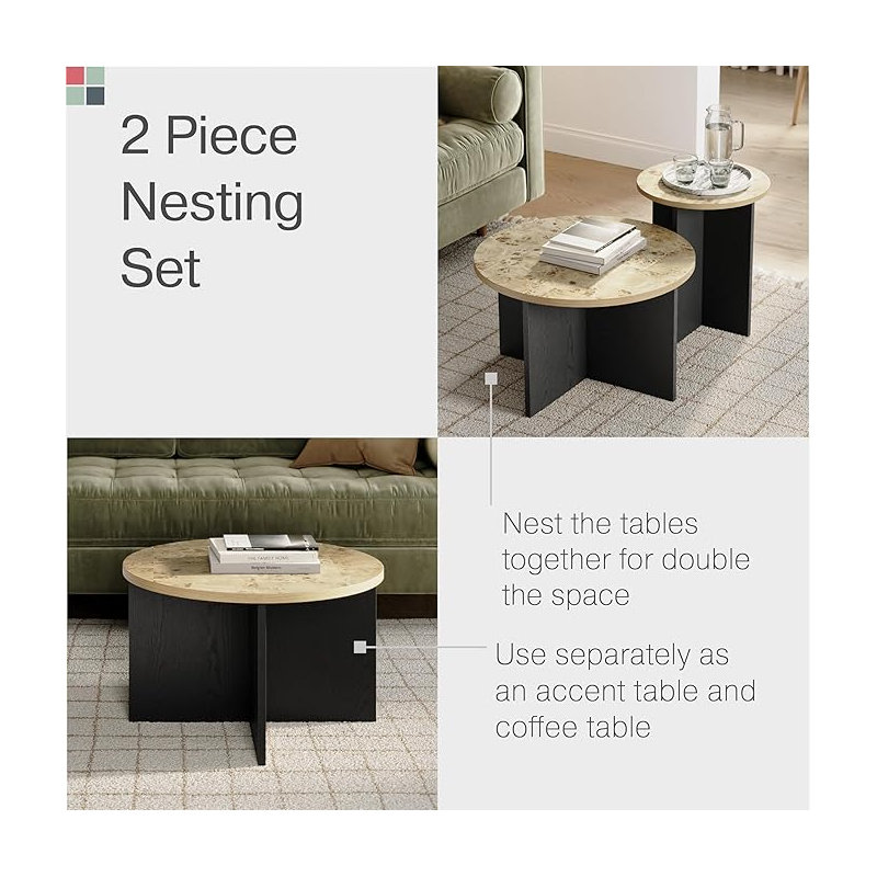 Round Nesting Coffee Table 2pc Set - Burl & Black