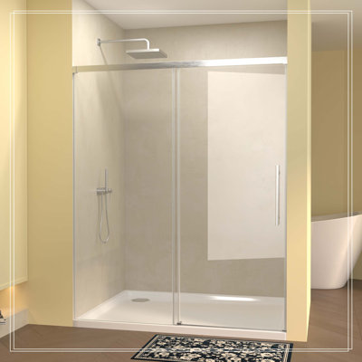 Porte de douche coulissante simple de 48 po de largeur x 72 po de hauteur, verre fixe de 5 mm et verre coulissant de 6 mm sans cadre, verre trempé transparent, poignée en acier inoxydable, nickel brossé
