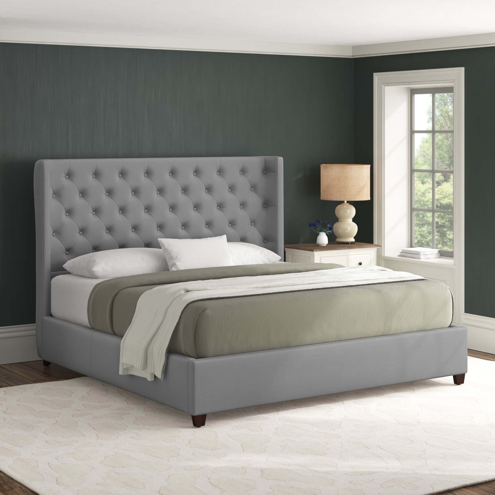 Naveen Linen Upholstered Wingback Bed, Opal Gray Velvet