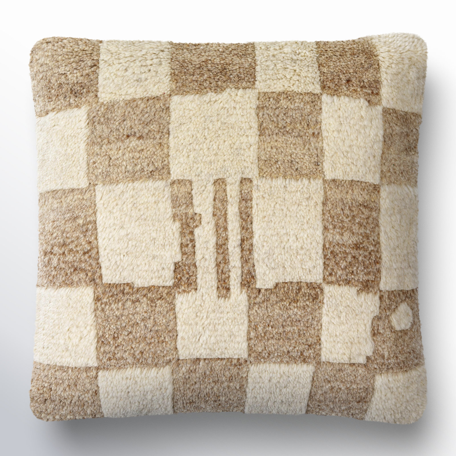 Raven Checkered Wool Throw Pillow, Down, 20" x 20", Ivory