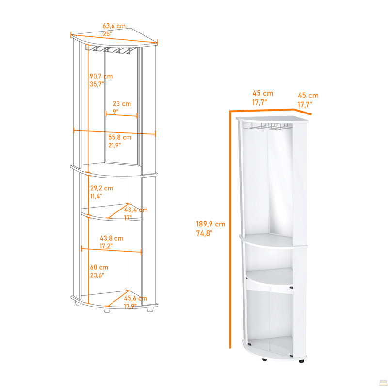 Armoire de bar d'angle blanche à 3 niveaux avec support en verre