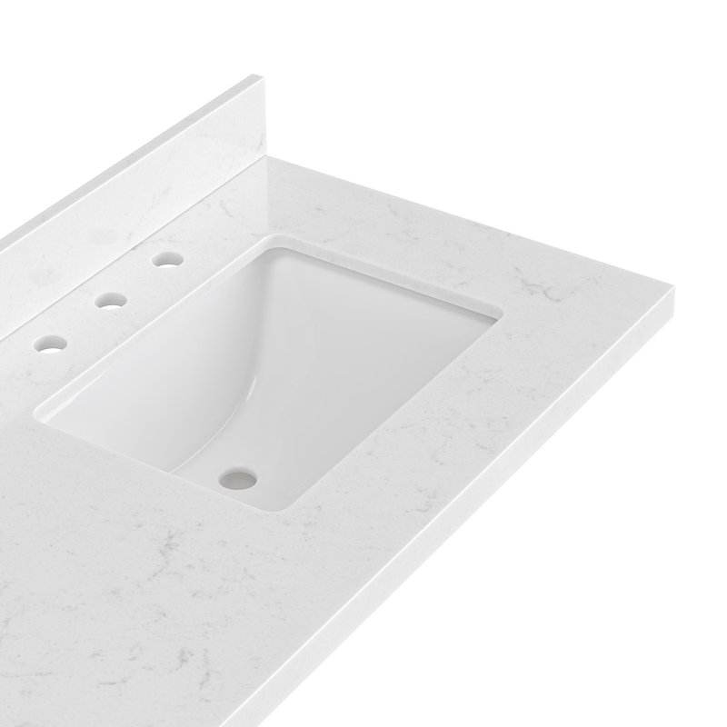 Comptoir de meuble-lavabo en quartz blanc 72 po Ariel avec rebord à onglet de 1,5 po d'épaisseur avec lavabo double rectangulaire et dosseret inclus