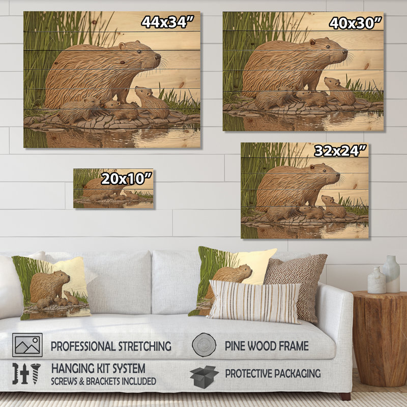 Beaver Lake Scene In Summer II - Art mural moderne en bois sur bois de pin naturel, H 10 po x l 20 po x P 0,78 po