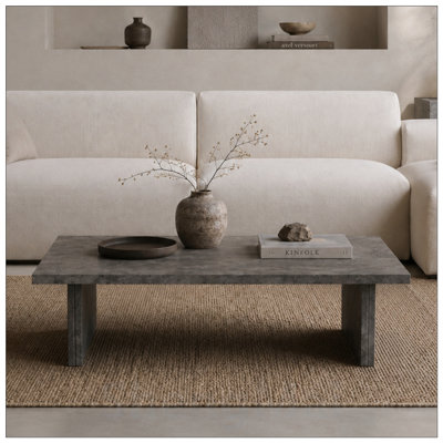Modern Faux Concrete Coffee Table, Minimalist Rectangle Stone Look Center Table for Wabi-Sabi Living Rooms