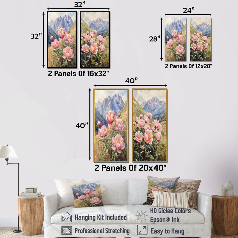 Pivoines dans la vallée balayée par le vent - art mural floral 2 pièces, H 28 po x l 25 po, Impression encadrée flottante