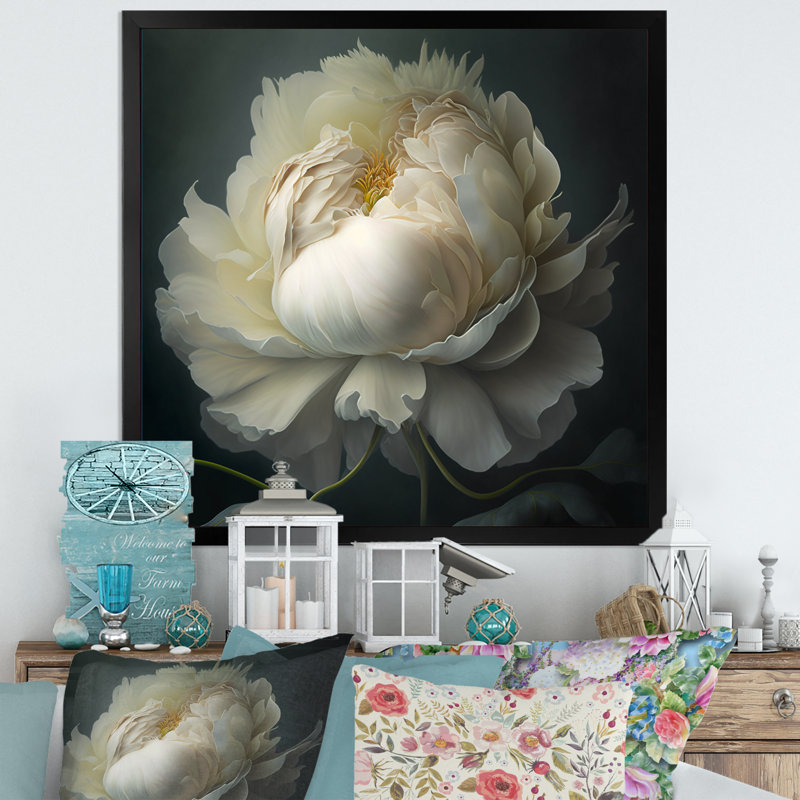 Pivoine blanche sur fond noir I - pivoine, H 24 po x l 24 po, Impression encadrée, Noir