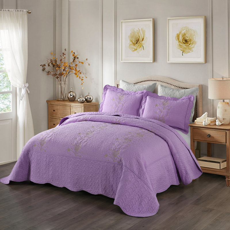 Polyester No Floral Coverlet, Queen Bedspread + 2 Shams, Lavender
