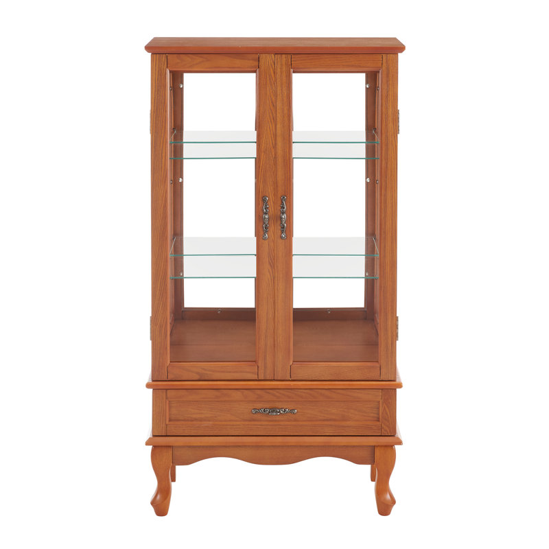Lighted Glass Display Cabinet Glass Wine Cabinet Curio Display Cabinet With Adjustable Glass Shelves Two Doors And One Drawer Bulb Included For Home Decor And Storage-Oak