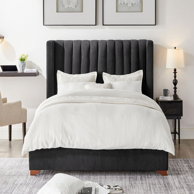 Modern Upholstered Platform Bed With Corduroy Wing Headboard, Black, Full