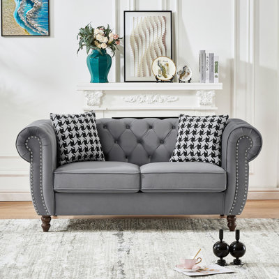 65"Chesterfield ‌Velvet Upholstery Fabric Sofa With Roll Armrest & Nailhead,Upholstered Mid Century Modern Couch,2 Seater Couch