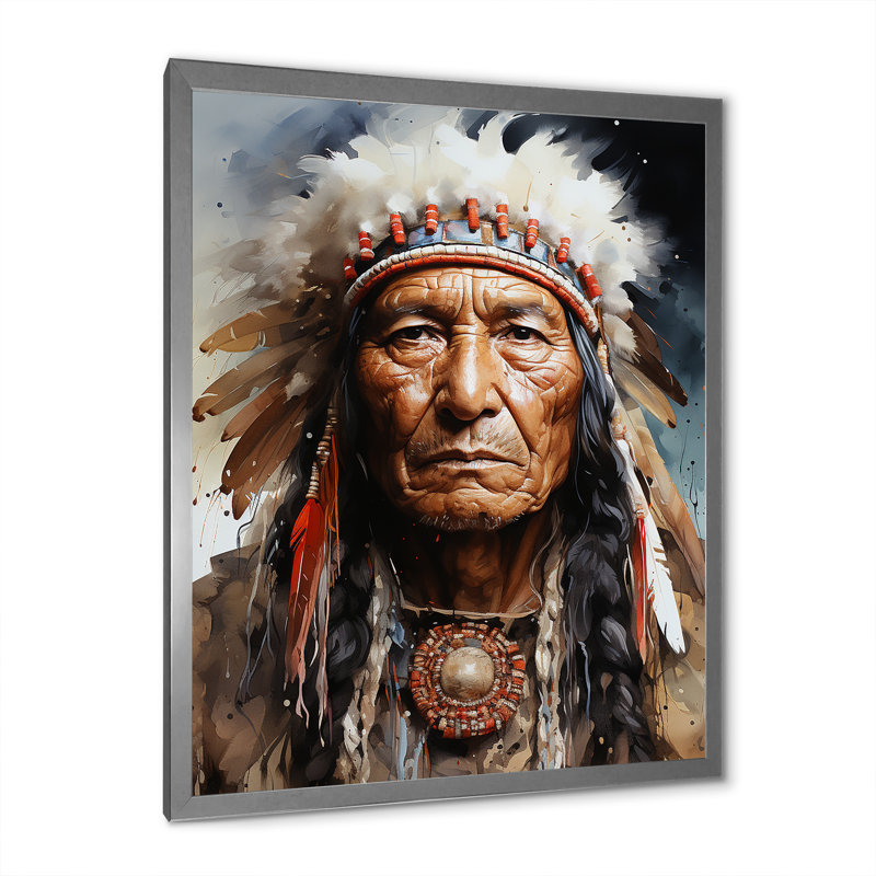 Portrait de Lakota amérindien, H 44 po x l 34 po x P 1,5 po, Cadre photo argenté