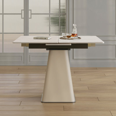 Retractable Rock Slab Folding Dining Table, Modern Square Expandable Table With Leather-Wrapped Stainless Steel Base, Dual-Purpose Space Saving Kitchen Table For Small Apartments