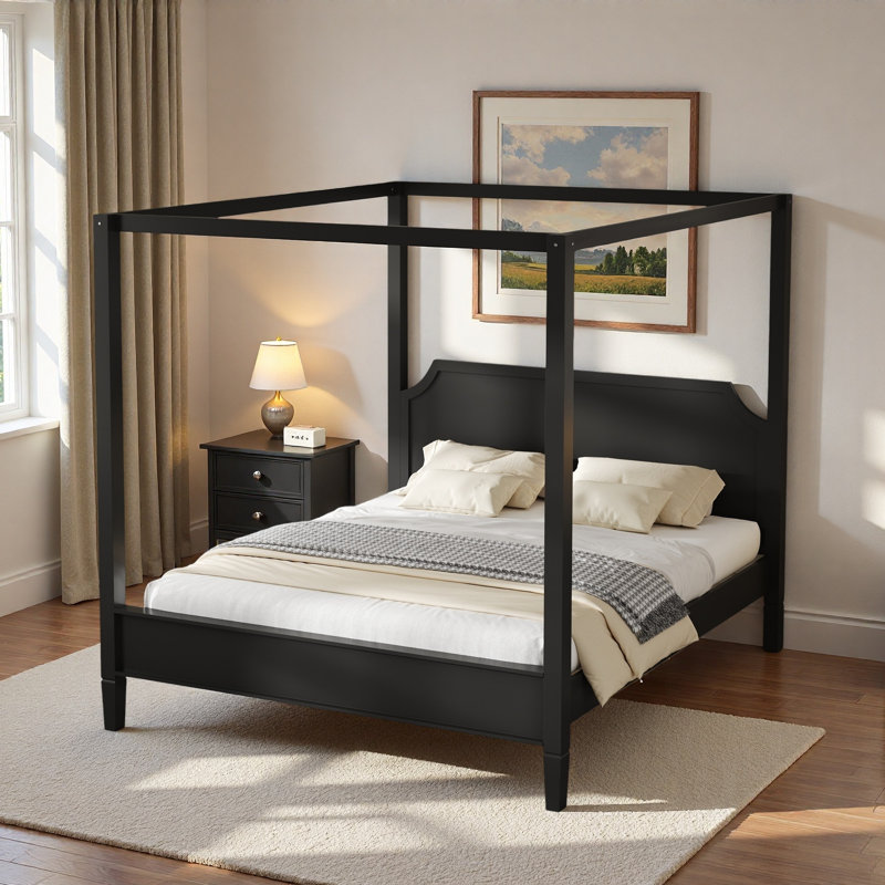 Lit plateforme à baldaquin en bois avec tête de lit élégante et pieds de soutien, Très grand lit, Noir