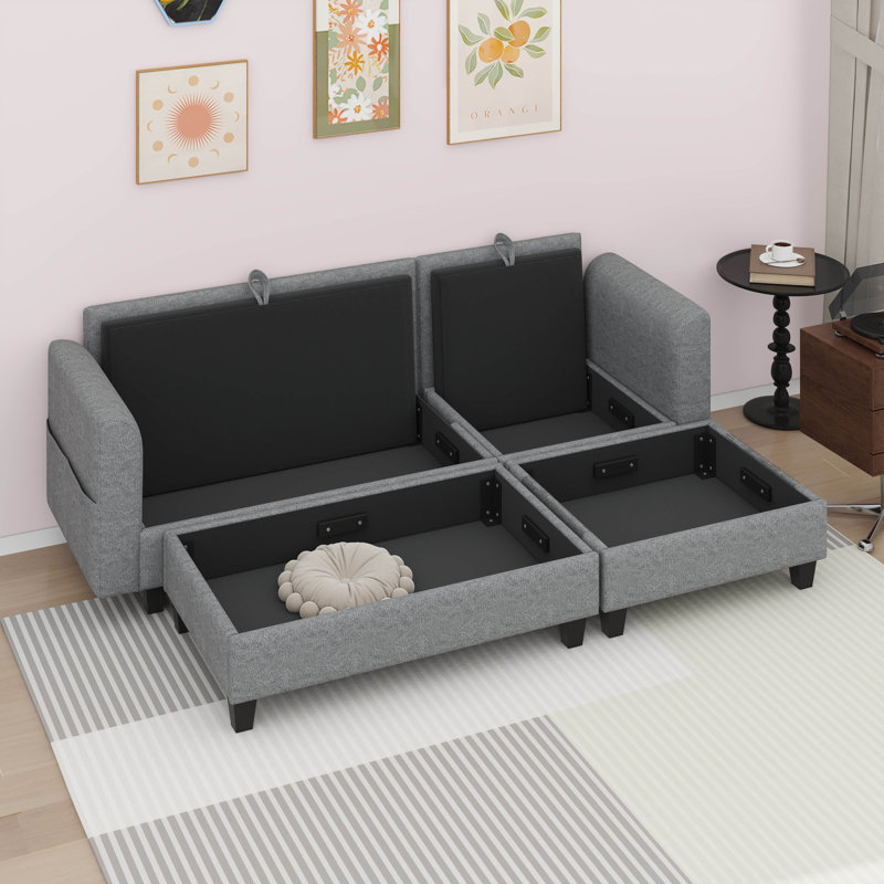 Canapé modulaire en L avec revêtement en chenille, espace de rangement, repose-pieds mobile, six coussins décoratifs, Gris