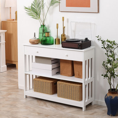 Console pour couloir, rangement supplémentaire avec tiroir coulissant et 2 tablettes, blanc, cadre moderne en bois à lattes de style couloir blanc, construction très large et ouverte, ornement