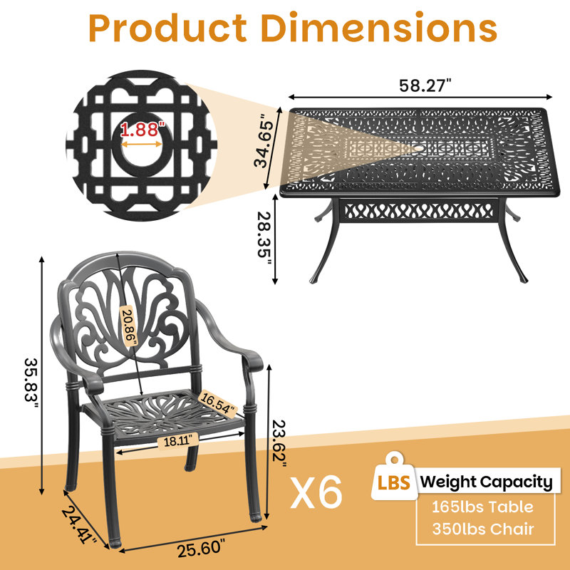 7-Piece 58.27" L 34.65" W Rectangula Table Cast Aluminum Outdoor Dining Set with Umbrella Hole and Cushions