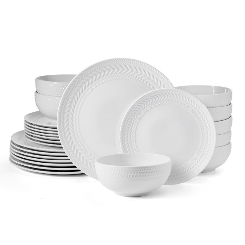 Josephine White Porcelain Embossed 24-Piece Dinnerware Set