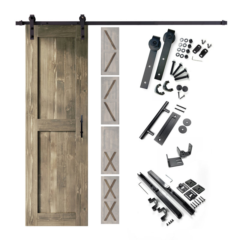 Porte en bois de pin massif 5-en-1 de conception 80 po avec quincaillerie d'installation rustique noire 5 en 1, 20 po x 80 po
