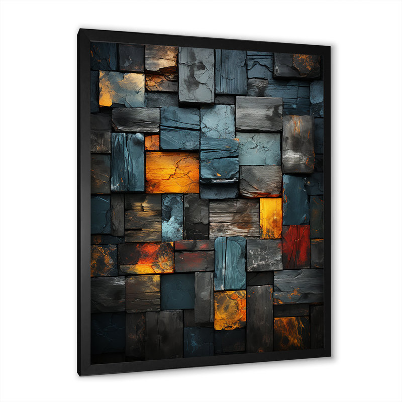 Grunge cubes dorés abstrait géométrique VII - art mural abstrait, Cadre photo noir, H 44 po x l 34 po x P 1,5 po