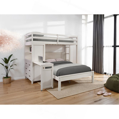 Contemporary Style Bed 3-Drawers Cabinets Open Shelf Attached Ladder Built In Desk White Finish Bedroom Furniture