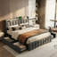 EU King Upholstered Storage Bed with LED Headboard, Upholstered Frame with 4 Storage Drawers & EU Sockets, Beige/Grey Linen, 160x200cm -1831991500