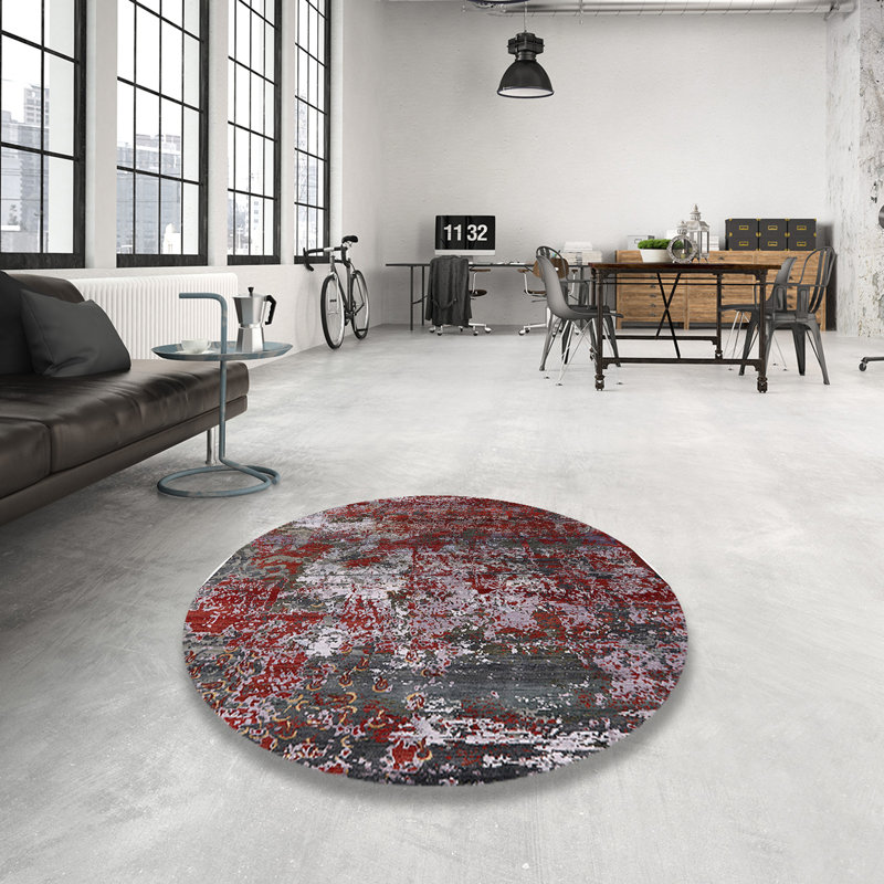 Tapis rouge / gris à motif abstrait Otteridge, Rond 4 pi