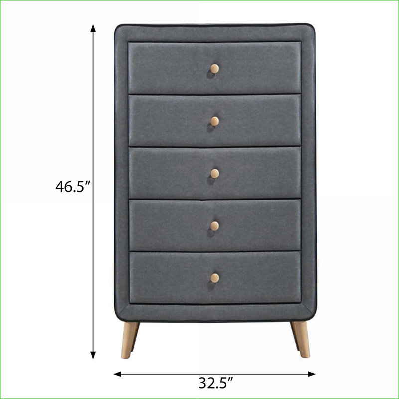 Commodes et amp; Commode rembourrée 5 tiroirs Mid-Century | Gris clair | Bois et tissu