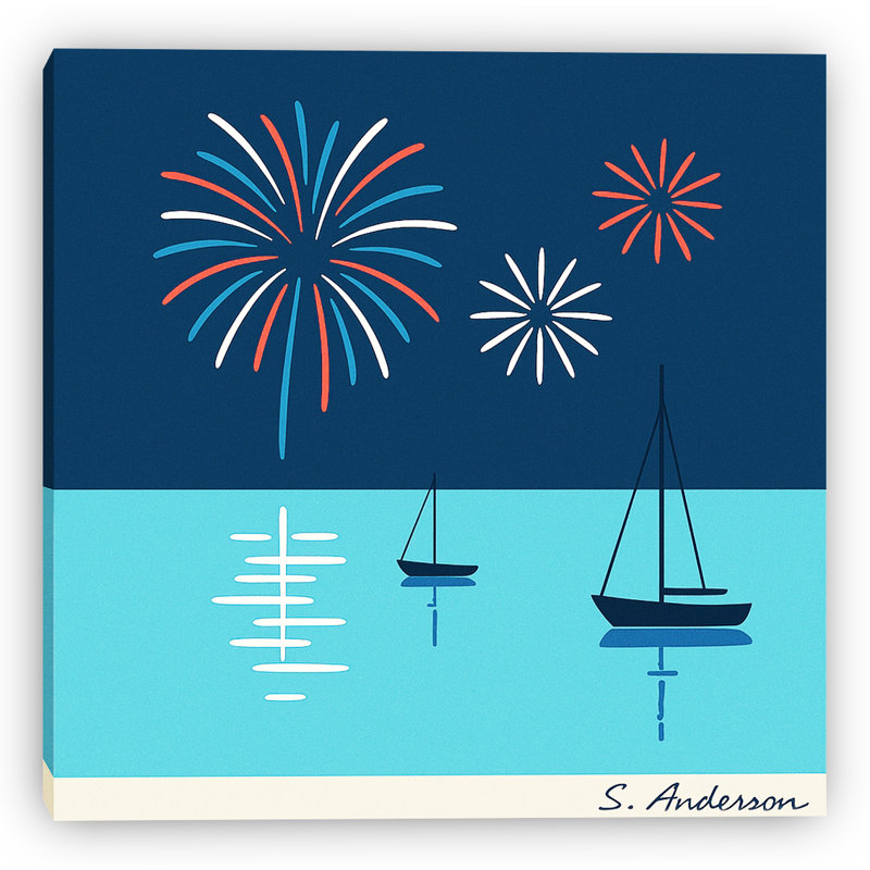 «Simple Harbor and Fireworks Silhouette», art mural sur toile, H 12 po x l 12 po