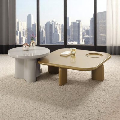 2-Piece Modern Glossy Coffee Table & End Table Set, Round And Square Nesting Design, Yellowish Brown And Gray Finish For Living Room