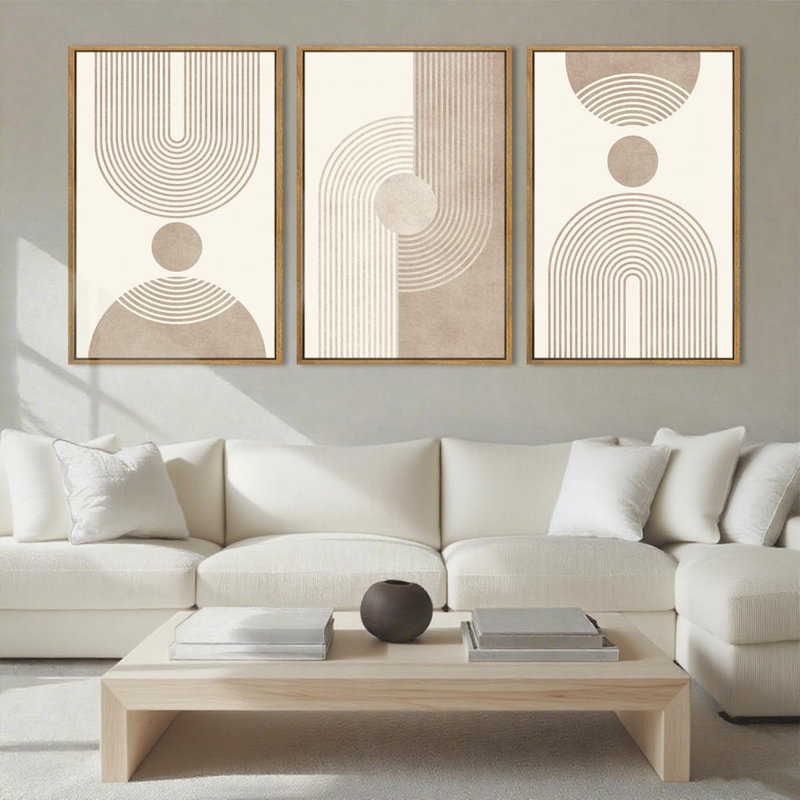 Boho Neutral Canvas Wall Art, Framed Geometric Abstract Wall Decor, Mid Century Modern Minimalist Wall Painting Ideal For Living Room, Bedroom & Office Set Of 3 Each 16x24 Inch