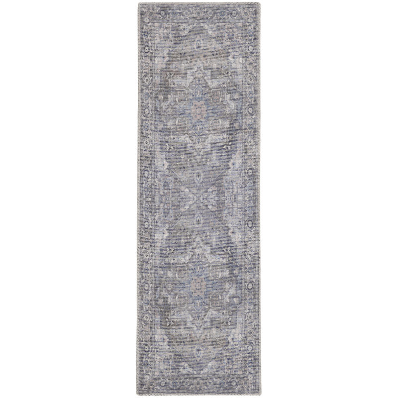 Lyiah Oriental Machine Washable Polyester Area Rug in Gray, Runner 2'2" x 8'