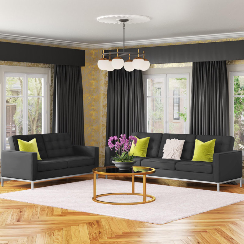 123'' Genuine Leather Sofa, Gray Fabric