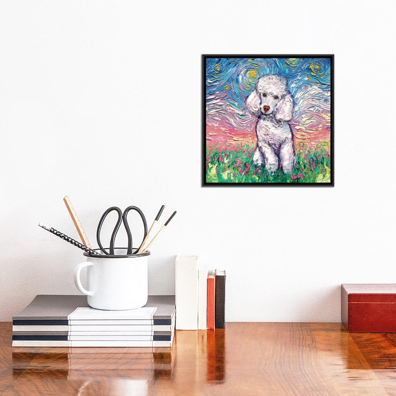 Reproduction d’art, "White Poodle Night" par aja Trèves, H 12 po x l 12 po x P 1,5 po, Toile avec cadre noir, Pas de tapis