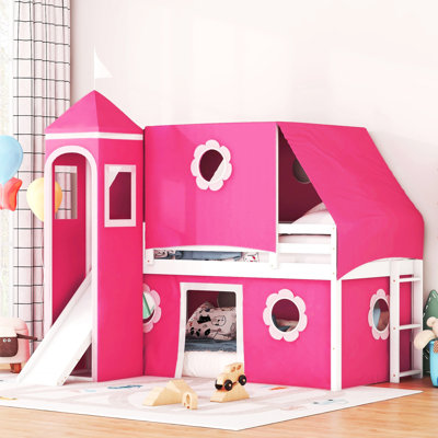 Twin Pink Loft Bed With Slide And Tower - Solid Wood , Three Installation Methods, Playhouse Style ' Sleeping Area Size Pine Ways To Place Tower, Fresh Air For Sweet Dreams