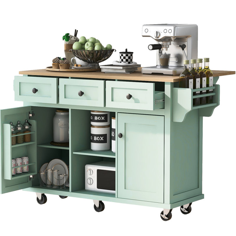 Îlot de cuisine en hévéa pour l'organisation, neuf avec dessus, rangement interne, 5 roulettes, 3 tiroirs, tablette ajustable