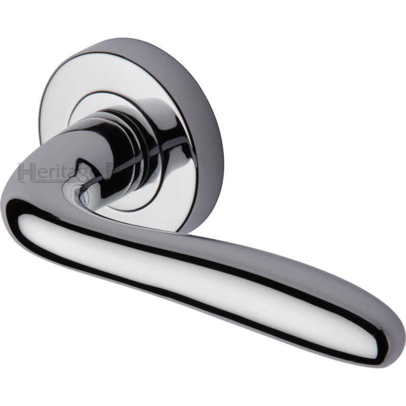 Heritage Brass Heritage Door Handle Lever Latch on Round Rose Columbus Design, Polished Chrome