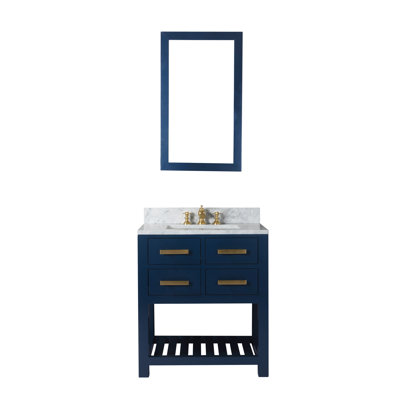 30 Inch Monarch Blue Single Sink Bathroom Vanity With F2-0012 Satin Brass Faucet From The Madalyn Collection in , Vanity with F2-0013 faucet