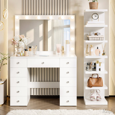 Vanity Desk with 11 Hollywood Bulbs & 7-Tier Storage Shelves , Makeup Vanity Desk with Power Outlet and 11 Drawers, 3 Color Lighting Modes, Dressing Table with Display Shelf Crystal Handles,White