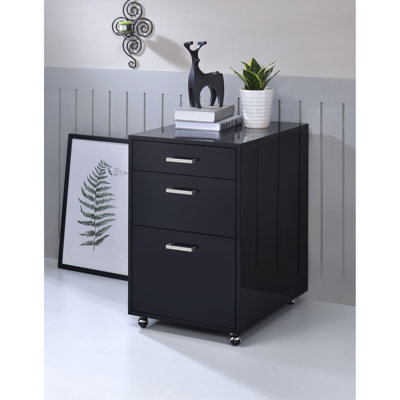 Classeur noir lustré avec 3 tiroirs - Design, 18 po x 22 po x H 28 po, sans assemblage, 62 lb, roulettes pour compartiment de tiroir facile à déplacer, 18 po x 22 po 28 po, mouvement sans effort