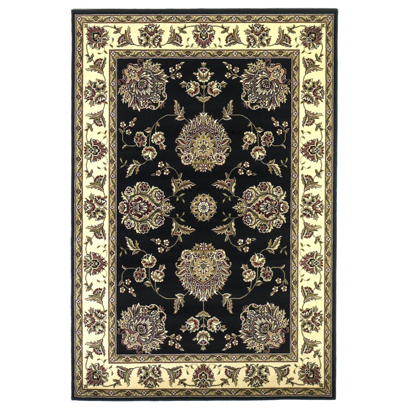 Tapis noir/ivoire floral mahal area Bellville, Rectangle 5 pi 3 po x 7 pi 7 po