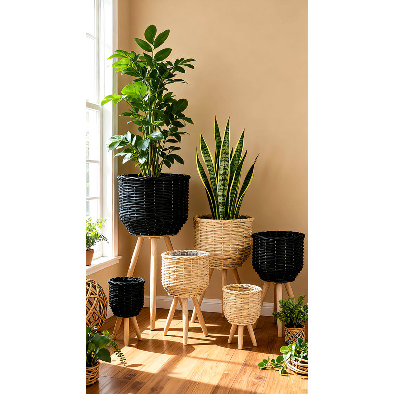 Ensemble de 3 paniers en rotin de polyester noir avec texture de corde et pieds effilés en bois