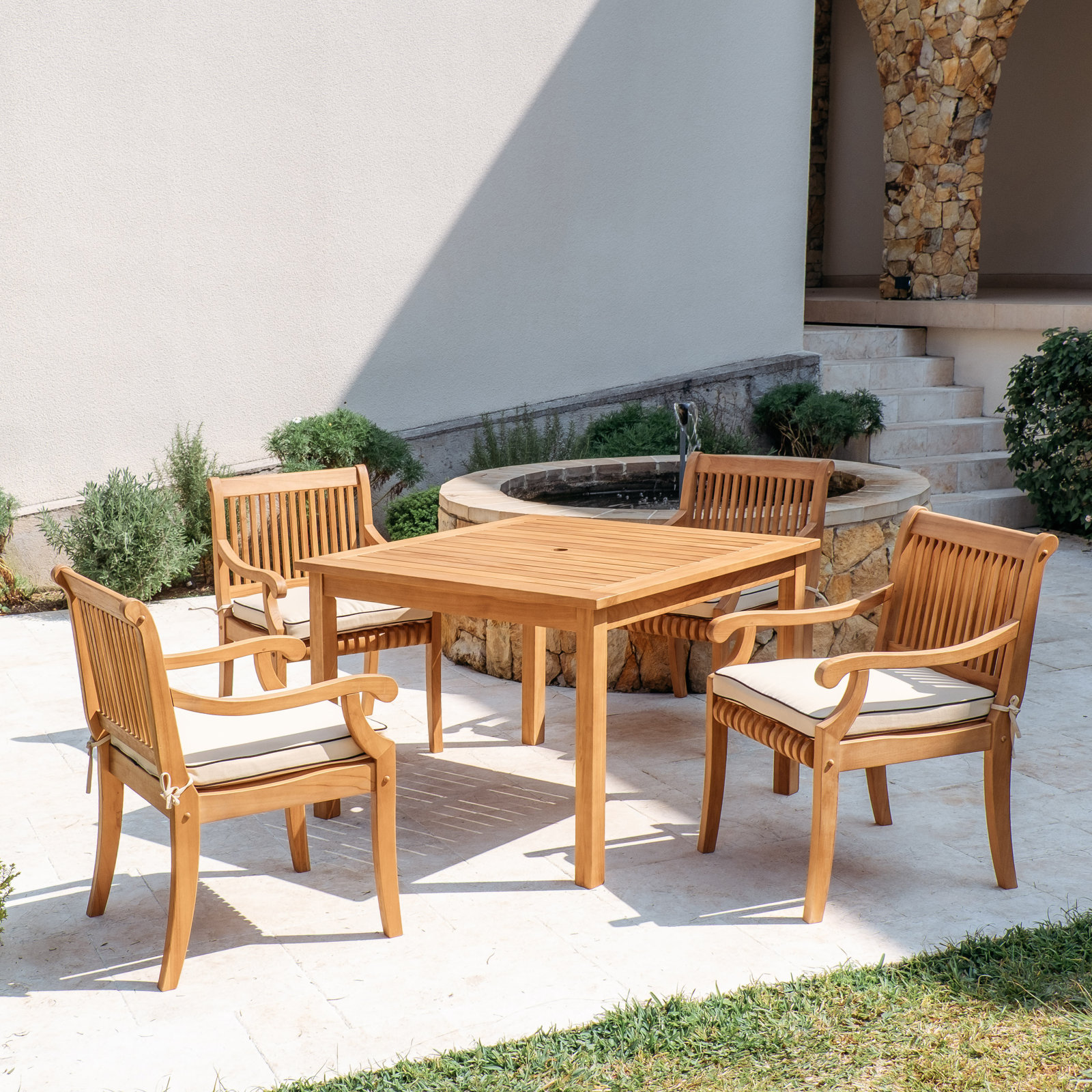 Chanson 42" Patio Dining Set, Taupe with Black Piping, Natural Wood